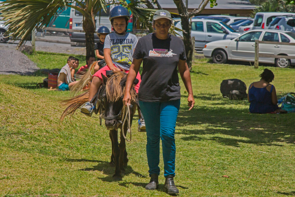 Enfant à poney tenu en main lors d'un tour à la ferme